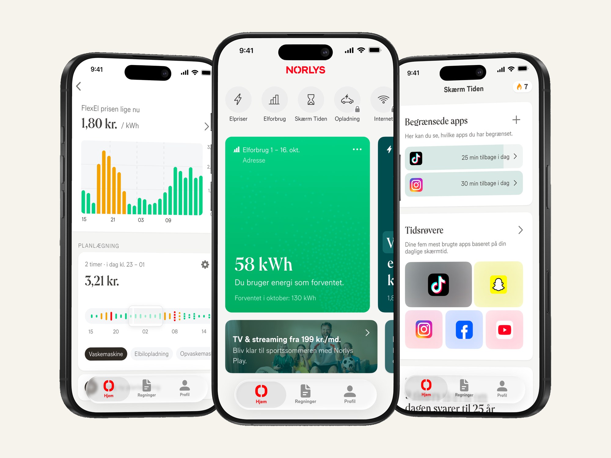 The Norlys app shown on three iPhones