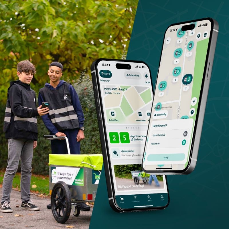 The Omdeler app shown on two phones alongside two distributors using it on their route